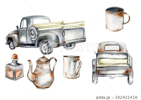 Vintage watercolor gray trucks and rusty garden equipment, hand draw n illustration of old car on a white background. Perfect for scrapbooking, kids design, invitation, posters, greetings cards. Vintage watercolor gray trucks and rusty garden equipment, hand draw n illustration of old car on a white background. Perfect for scrapbooking, kids design, invitation, posters, greetings cards. 102421410