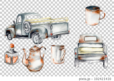 Vintage watercolor gray trucks and rusty garden equipment, hand draw n illustration of old car on a white background. Perfect for scrapbooking, kids design, invitation, posters, greetings cards. Vintage watercolor gray trucks and rusty garden equipment, hand draw n illustration of old car on a white background. Perfect for scrapbooking, kids design, invitation, posters, greetings cards. 102421410