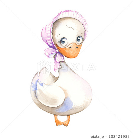 Watercolor cute goose in a pink hat on a white background. watercolor hand drawn illustration. 102421982