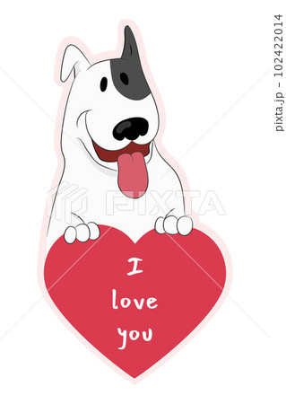 Happy cartoon bull terrier dog is holding a heart with text I love you. Cute dog in love sticker. Isolated on white. Hand drawn vector art Happy cartoon bull terrier dog is holding a heart with text I love you. Cute dog in love sticker. Isolated on white. Hand drawn vector art 102422014