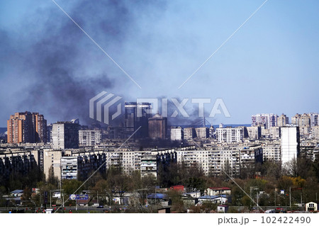 Kiev, Ukraine April 5, 2020: Fire in one of the buildings of the city of Kiev view from the top Kiev, Ukraine April 5, 2020: Fire in one of the buildings of the city of Kiev view from the top 102422490