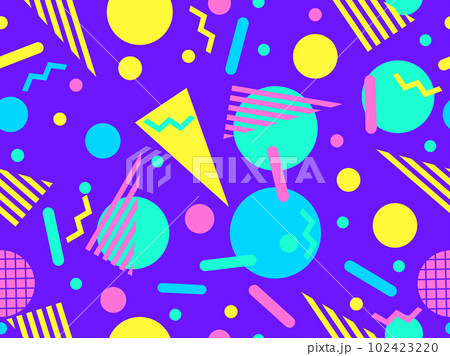 Memphis seamless pattern with geometric shapes in 80s style. Colorful geometric pattern. Design of promotional products, wrapping paper and printing. Vector illustration Memphis seamless pattern with geometric shapes in 80s style. Colorful geometric pattern. Design of promotional products, wrapping paper and printing. Vector illustration 102423220