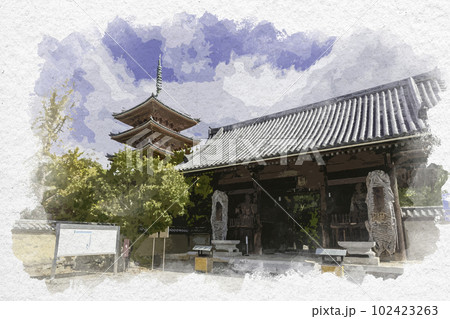 水彩画風　四国八十八箇所86番　志度寺　仁王門　香川県さぬき市 102423263
