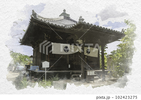水彩画風　四国八十八箇所86番　志度寺　閻魔堂　香川県さぬき市 102423275