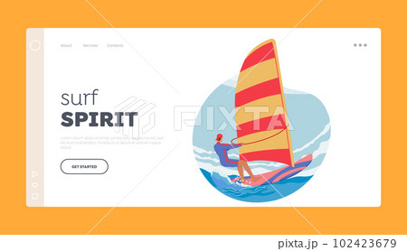 Man Enjoying Thrill Of Sport Landing Page Template. Male Character Windsurfing Activity, Gliding Over The Waves 102423679