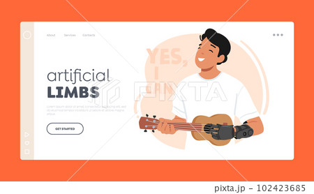 Artificial Limbs Landing Page Template. Man Strums Ukulele With A Prosthetic Arm, Demonstrating The Limitless 102423685