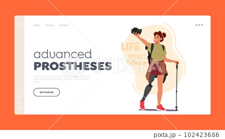Advanced Prostheses Landing Page Template. Woman Hiker With Leg Prosthesis. Inspiring Character Defying Limitations Advanced Prostheses Landing Page Template. Woman Hiker With Leg Prosthesis. Inspiring Character Defying Limitations 102423686