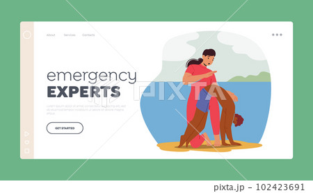 Emergency Experts Landing Page Template. Rescuer Female Character Provides Service For Drowning Man Emergency Experts Landing Page Template. Rescuer Female Character Provides Service For Drowning Man 102423691