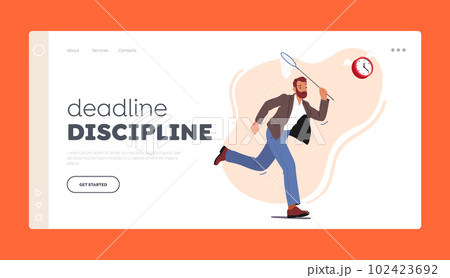 Deadline Discipline Landing Page Template. Man Rushes To Catch Alarm Clock With Butterfly Net 102423692