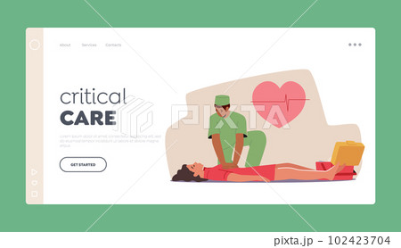 Critical Care Landing Page Template. Rescuer Character Doing Resuscitation, Chest Compressions Lifesaving Technique 102423704