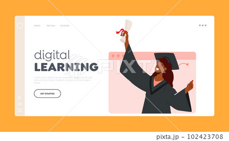 Digital Learning Landing Page Template. Online Graduation Ceremony With African American Girl Bachelor Character Digital Learning Landing Page Template. Online Graduation Ceremony With African American Girl Bachelor Character 102423708