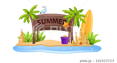 3D beach sign post, board vacation summer travel vector frame, exotic star fish, sand castle, gull 102423723