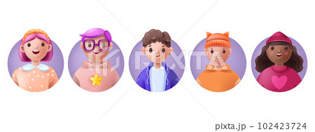 3D kid avatar set, child cute face smile icon, vector young school teen boy girl cartoon character 102423724
