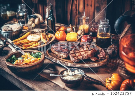 Bbq steak with sauce, meat and barbecue tools, in the style of intense atmosphere. Generative AI 102423757
