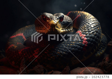 Ancient reptile with red eyes. Dangerous poisonous exotic snake. Generative AI 102423778