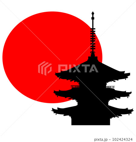 日本のお寺の五重塔のイラスト素材　シエルエット　ベクター 102424324