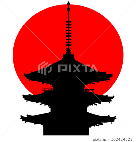 日本のお寺の五重塔のイラスト素材　シエルエット　ベクター 102424325