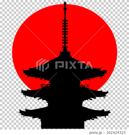 日本のお寺の五重塔のイラスト素材　シエルエット　ベクター 102424325