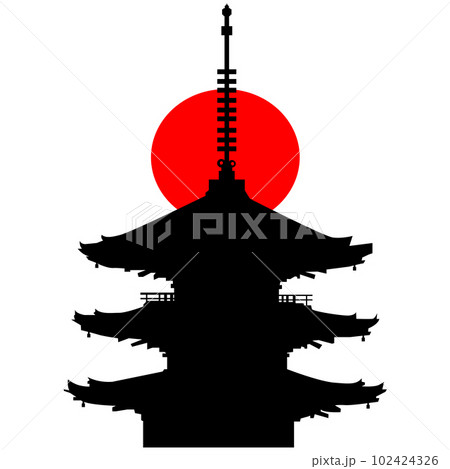 日本のお寺の五重塔のイラスト素材　シエルエット　ベクター 102424326