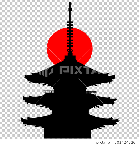 日本のお寺の五重塔のイラスト素材　シエルエット　ベクター 102424326