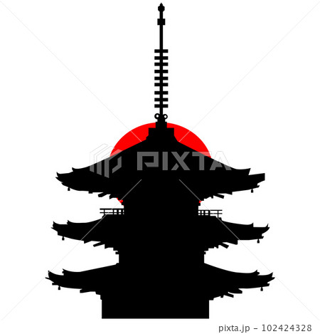 日本のお寺の五重塔のイラスト素材　シエルエット　ベクター 102424328