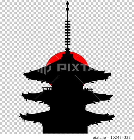 日本のお寺の五重塔のイラスト素材　シエルエット　ベクター 102424328