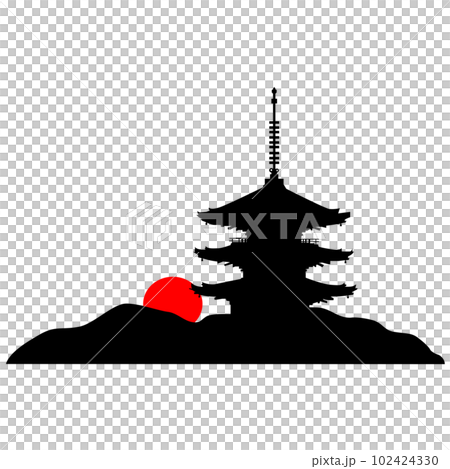 日本のお寺の五重塔のイラスト素材　シエルエット　ベクター 102424330