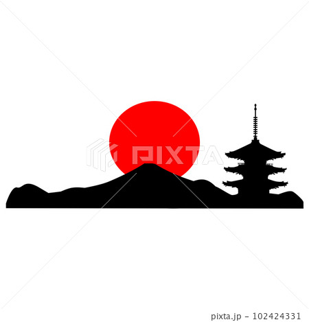 日本のお寺の五重塔のイラスト素材　シエルエット　ベクター 102424331