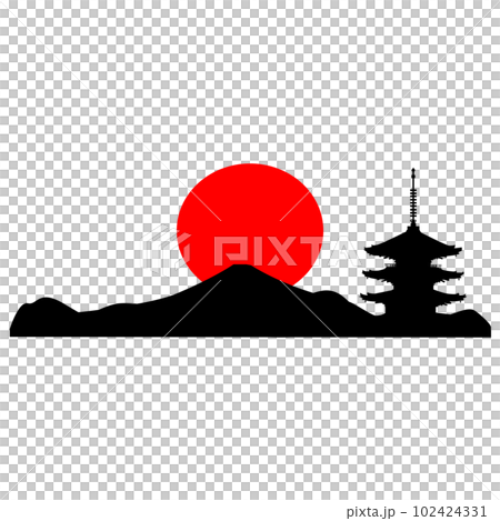 日本のお寺の五重塔のイラスト素材　シエルエット　ベクター 102424331