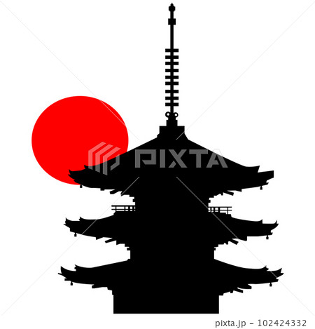 日本のお寺の五重塔のイラスト素材　シエルエット　ベクター 102424332