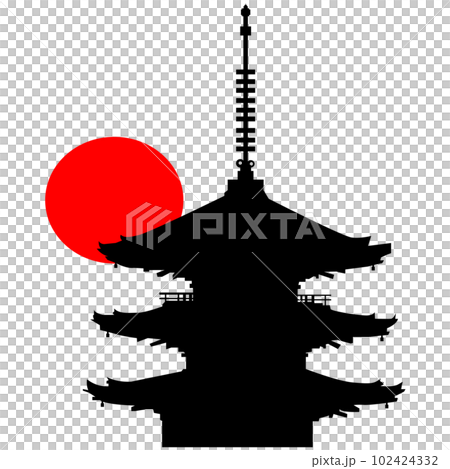 日本のお寺の五重塔のイラスト素材　シエルエット　ベクター 102424332