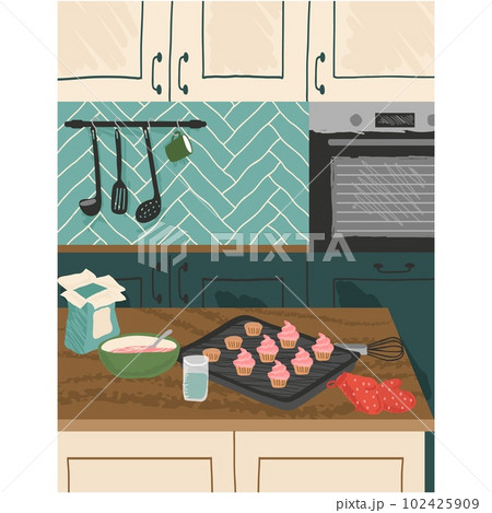 Home kitchen interior with cooked muffin on table 102425909