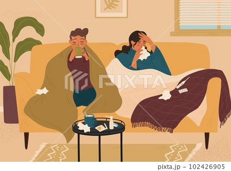 Couple with sick symptoms at home vector illustration. Cold and flu season. Woman and man in bed having cold, high temperature, running nose, coughing and taking medicine drugs 102426905