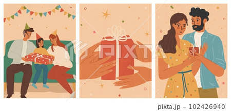 Happy people giving and receiving gifts, vector posters set. Family present gift to kid for birthday party. Man gives giftbox to his girlfriend, romantic couple. Hands holding gift box with ribbon Happy people giving and receiving gifts, vector posters set. Family present gift to kid for birthday party. Man gives giftbox to his girlfriend, romantic couple. Hands holding gift box with ribbon 102426940
