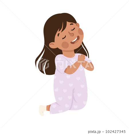 Little Girl Praying Sitting on the Floor with Bended Legs Vector Illustration Little Girl Praying Sitting on the Floor with Bended Legs Vector Illustration 102427345