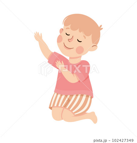 Little Boy Praying Sitting on the Floor On His Knees Vector Illustration 102427349