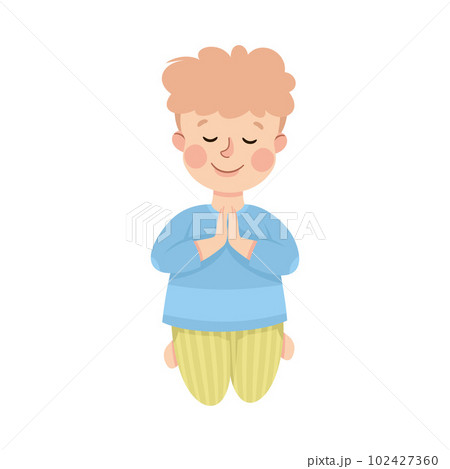 Little Boy Praying Sitting on the Floor On His Knees Vector Illustration 102427360