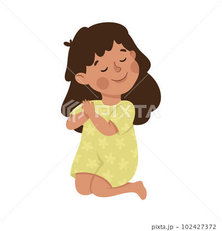 Little Girl Praying Sitting on the Floor with Bended Legs Vector Illustration Little Girl Praying Sitting on the Floor with Bended Legs Vector Illustration 102427372