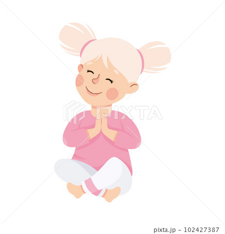 Little Girl Praying Sitting on the Floor with Bended Knees Vector Illustration 102427387