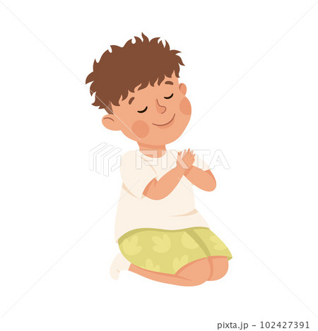 Little Boy Praying Sitting on the Floor with Bended Knees Vector Illustration Little Boy Praying Sitting on the Floor with Bended Knees Vector Illustration 102427391