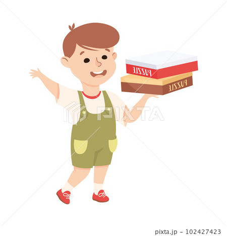 Little Boy Holding Box with Jigsaw Puzzle Ready for Assembling Mosaiced Pieces into Picture Vector Illustration 102427423