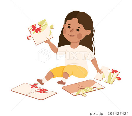 Little Girl Playing Jigsaw Puzzle Assembling Mosaiced Pieces into Picture Vector Illustration 102427424