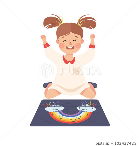 Little Girl Cheering About Assembling Jigsaw Puzzle into Rainbow Picture Vector Illustration 102427425