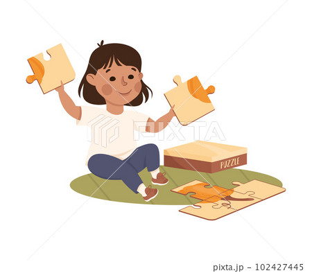 Little Girl Playing Jigsaw Puzzle Assembling Mosaiced Pieces into Picture Vector Illustration 102427445