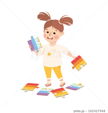 Little Girl Playing Jigsaw Puzzle Assembling Mosaiced Pieces into Picture Vector Illustration Little Girl Playing Jigsaw Puzzle Assembling Mosaiced Pieces into Picture Vector Illustration 102427448