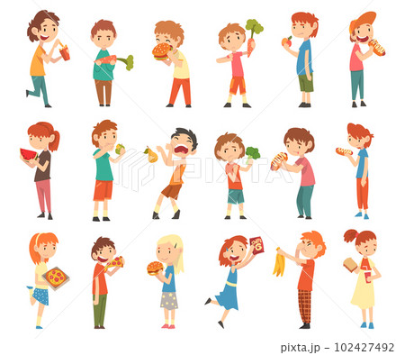 Little Kids Loving Fastfood and Rejecting Eating Healthy Food Big Vector Set 102427492