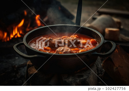 A traditional Hungarian goulash stew bubbling in a cauldron over an open fire. Capture the hearty, comforting food that keeps people warm in the cold Hungarian winters. Generative AI 102427756