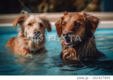 Two Dogs , enjoying a moment by the pool, with a sense of playfulness and joy. The image convey a sense of companionship and happiness. Generative AI 102427804