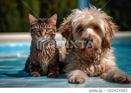 Cat and Dog , enjoying a moment by the pool, with a sense of playfulness and joy. The image convey a sense of companionship and happiness. Generative AI Cat and Dog , enjoying a moment by the pool, with a sense of playfulness and joy. The image convey a sense of companionship and happiness. Generative AI 102427805