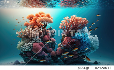 Colorful coral reef underwater with fish. Ai generation. Concept of ecological disaster and Global warming 102428641